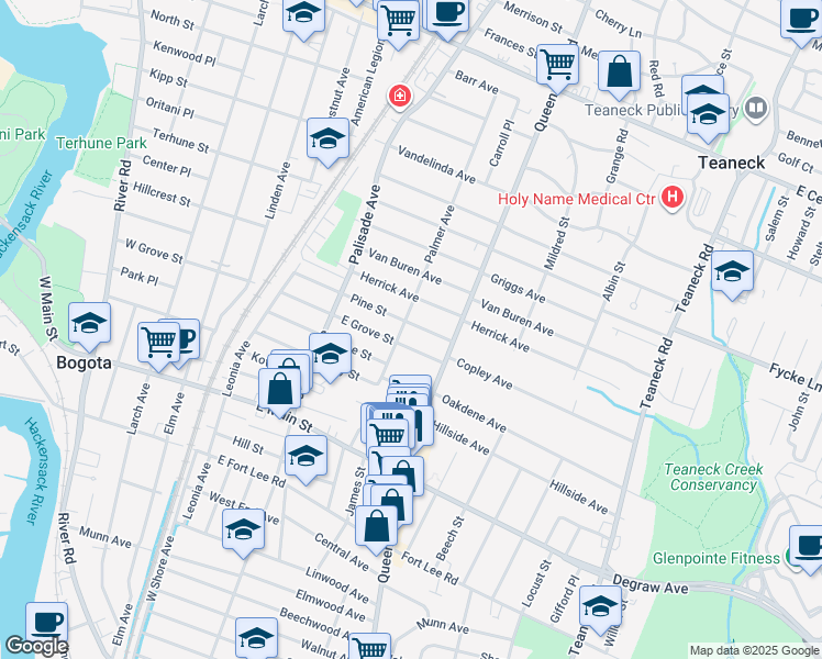 map of restaurants, bars, coffee shops, grocery stores, and more near 489 Palmer Avenue in Teaneck