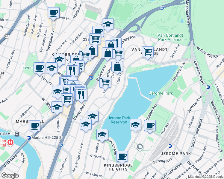map of restaurants, bars, coffee shops, grocery stores, and more near 3358 Fort Independence Street in Bronx