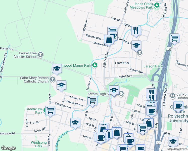 map of restaurants, bars, coffee shops, grocery stores, and more near 2105 Heather Lane in Arcata