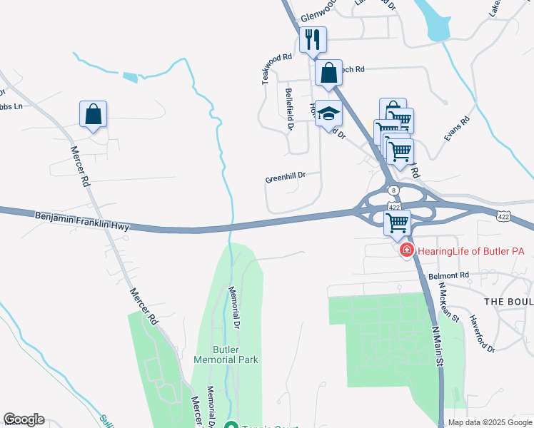 map of restaurants, bars, coffee shops, grocery stores, and more near 132 Greenhill Drive in Butler