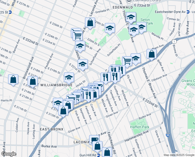 map of restaurants, bars, coffee shops, grocery stores, and more near 1601 Chester Street in Bronx