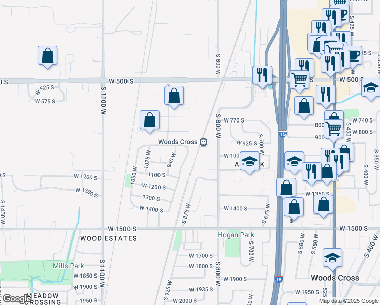 map of restaurants, bars, coffee shops, grocery stores, and more near 923 South 925 West in Woods Cross
