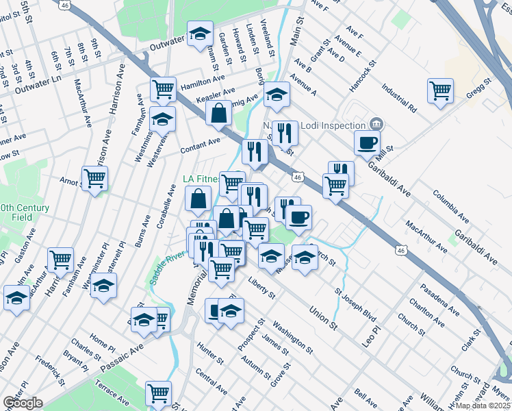 map of restaurants, bars, coffee shops, grocery stores, and more near 24 Church Street in Lodi
