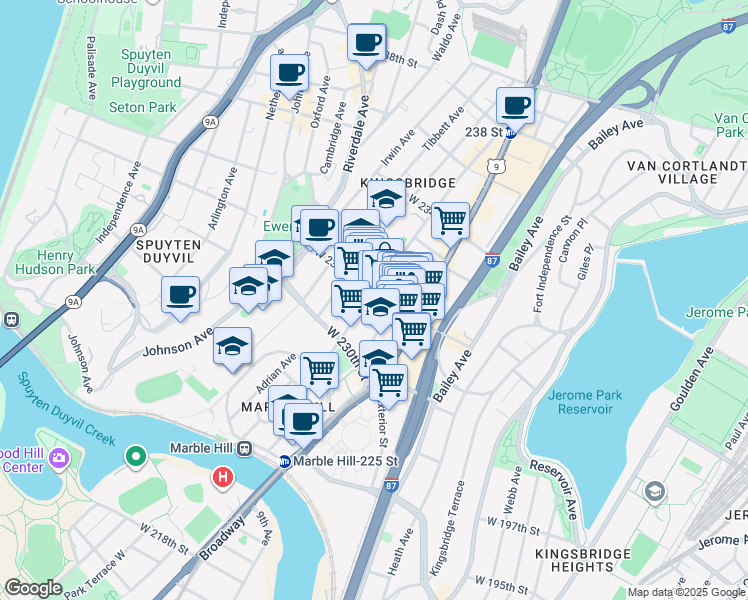 map of restaurants, bars, coffee shops, grocery stores, and more near 3052 Kingsbridge Avenue in Bronx