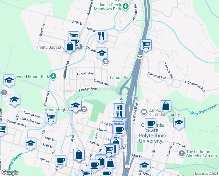 map of restaurants, bars, coffee shops, grocery stores, and more near 1090 Sunset Avenue in Arcata