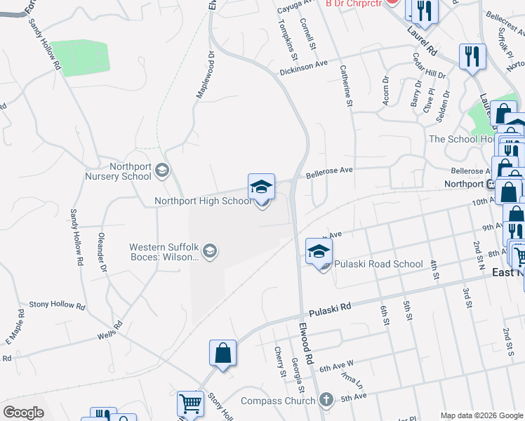 map of restaurants, bars, coffee shops, grocery stores, and more near 154 Laurel Hill Road in Northport