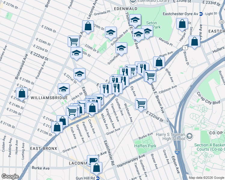 map of restaurants, bars, coffee shops, grocery stores, and more near in The Bronx