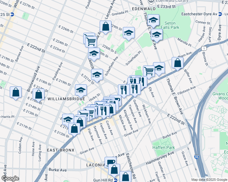 map of restaurants, bars, coffee shops, grocery stores, and more near 1601 Chester Street in Bronx