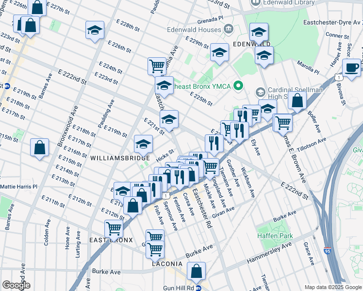 map of restaurants, bars, coffee shops, grocery stores, and more near 3575 Eastchester Road in Bronx