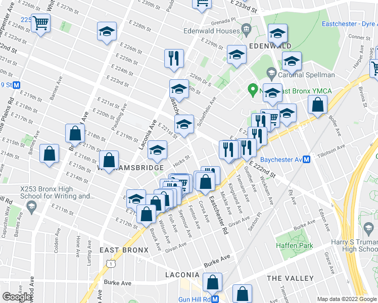 map of restaurants, bars, coffee shops, grocery stores, and more near 3575 Eastchester Road in Bronx