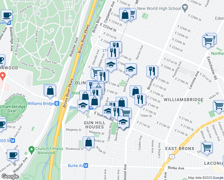 map of restaurants, bars, coffee shops, grocery stores, and more near 753 East 214th Street in Bronx