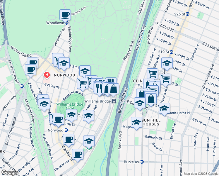 map of restaurants, bars, coffee shops, grocery stores, and more near 3530 Decatur Avenue in Bronx