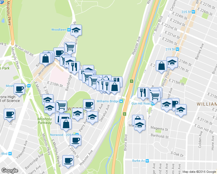 map of restaurants, bars, coffee shops, grocery stores, and more near 3511 Hull Avenue in The Bronx