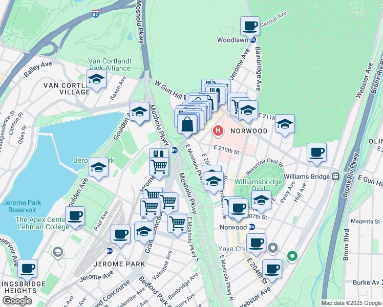 map of restaurants, bars, coffee shops, grocery stores, and more near in The Bronx