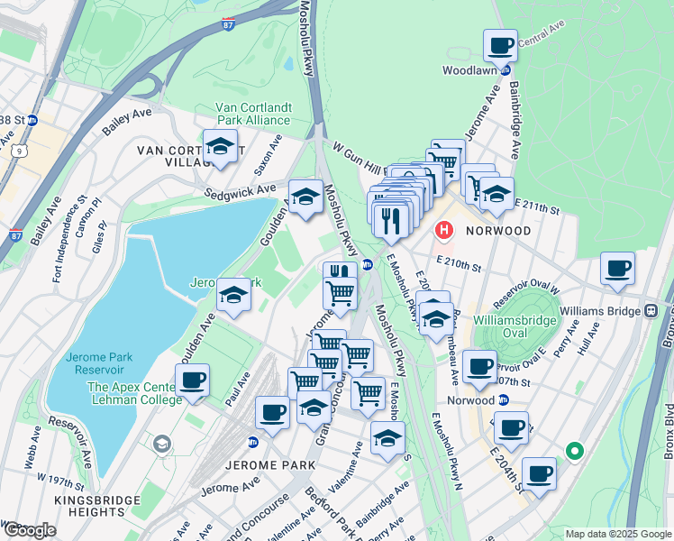 map of restaurants, bars, coffee shops, grocery stores, and more near in The Bronx