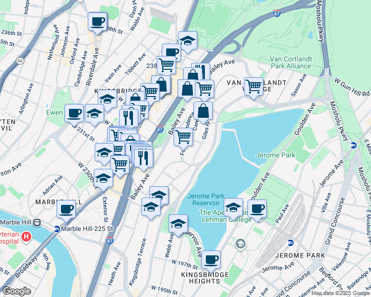 map of restaurants, bars, coffee shops, grocery stores, and more near 3358 Fort Independence Street in Bronx
