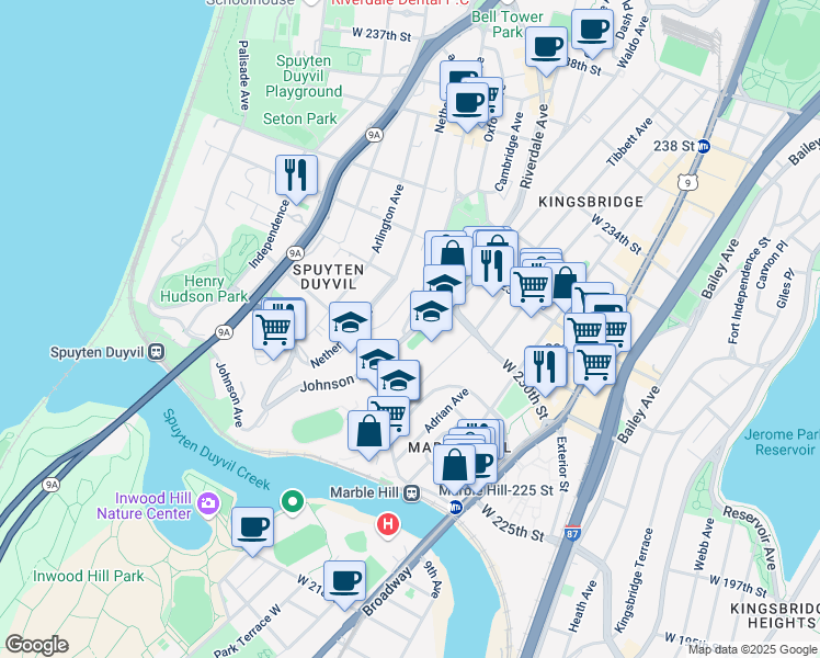 map of restaurants, bars, coffee shops, grocery stores, and more near in The Bronx