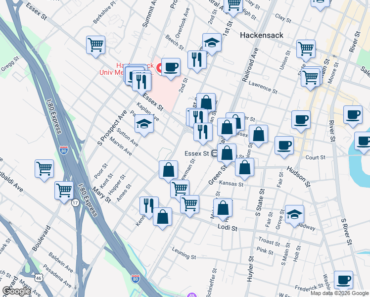 map of restaurants, bars, coffee shops, grocery stores, and more near 50 Polifly Road in Hackensack