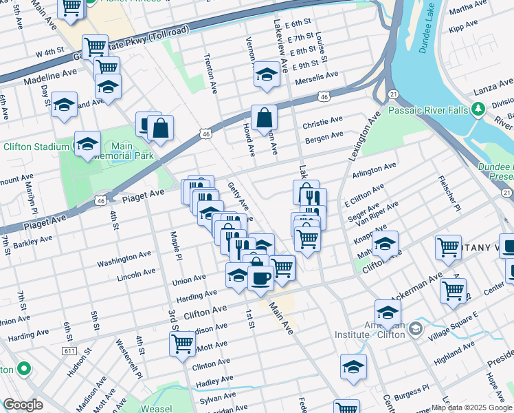 map of restaurants, bars, coffee shops, grocery stores, and more near 242 Getty Avenue in Clifton
