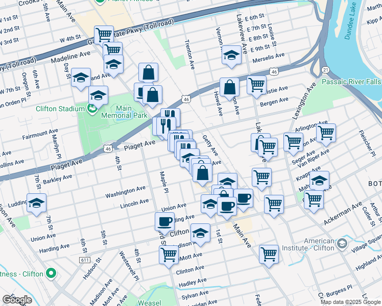 map of restaurants, bars, coffee shops, grocery stores, and more near 1280 Main Avenue in Clifton