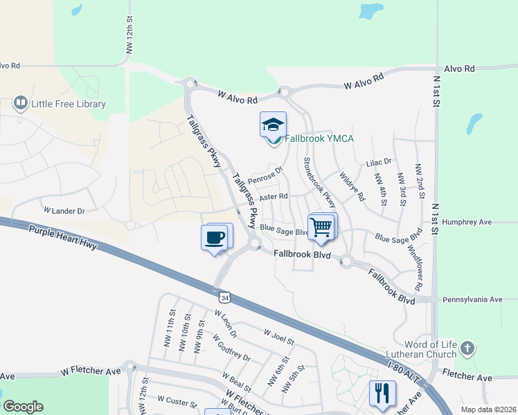map of restaurants, bars, coffee shops, grocery stores, and more near 6727 Northwest 8th Street in Lincoln