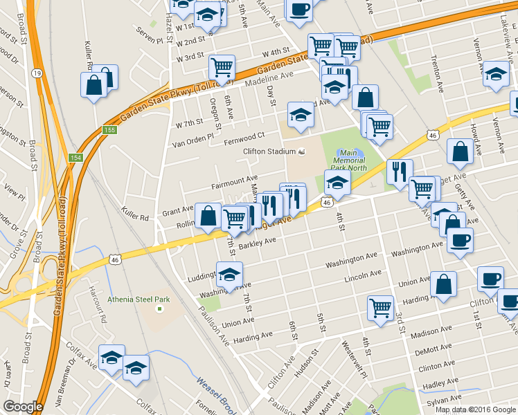map of restaurants, bars, coffee shops, grocery stores, and more near 16 Marilyn Place in Clifton