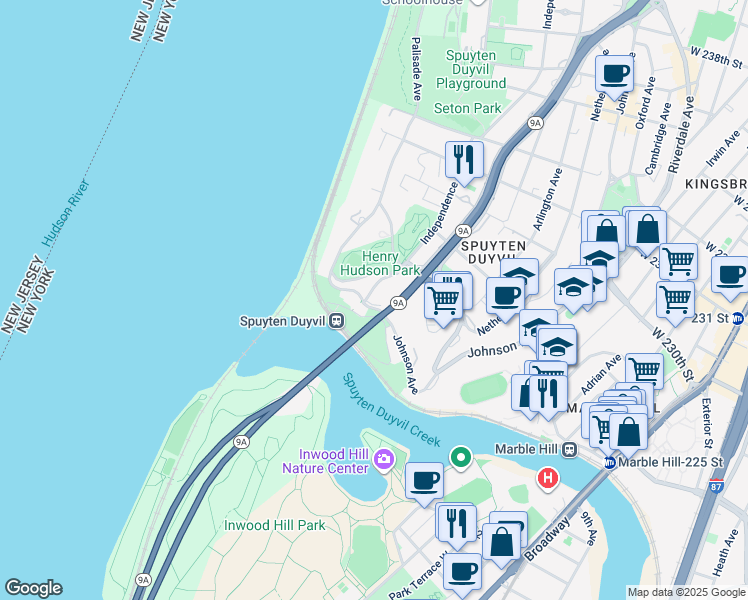map of restaurants, bars, coffee shops, grocery stores, and more near 2390 Palisade Avenue in The Bronx