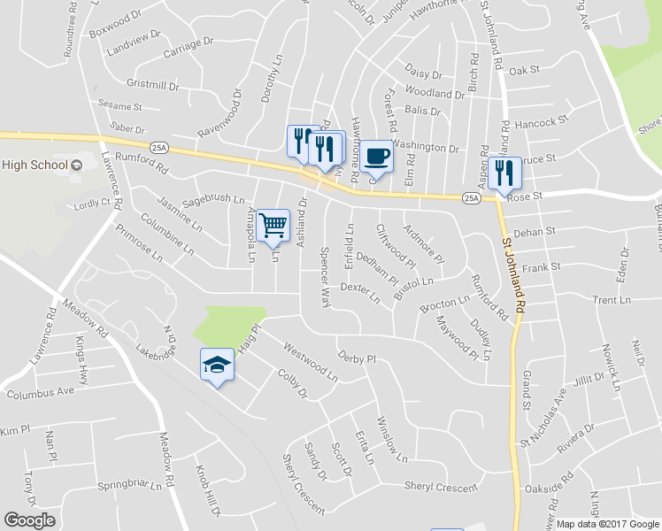 map of restaurants, bars, coffee shops, grocery stores, and more near 29 Spencer Way in Kings Park