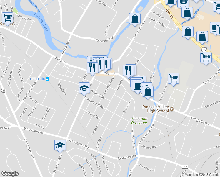 map of restaurants, bars, coffee shops, grocery stores, and more near 50 Lincoln Avenue in Little Falls