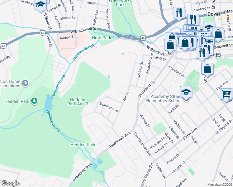 map of restaurants, bars, coffee shops, grocery stores, and more near 15 George Street in Dover