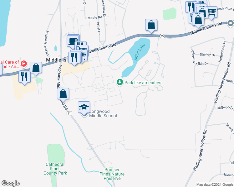 map of restaurants, bars, coffee shops, grocery stores, and more near 77 Artist Lake Drive in Middle Island