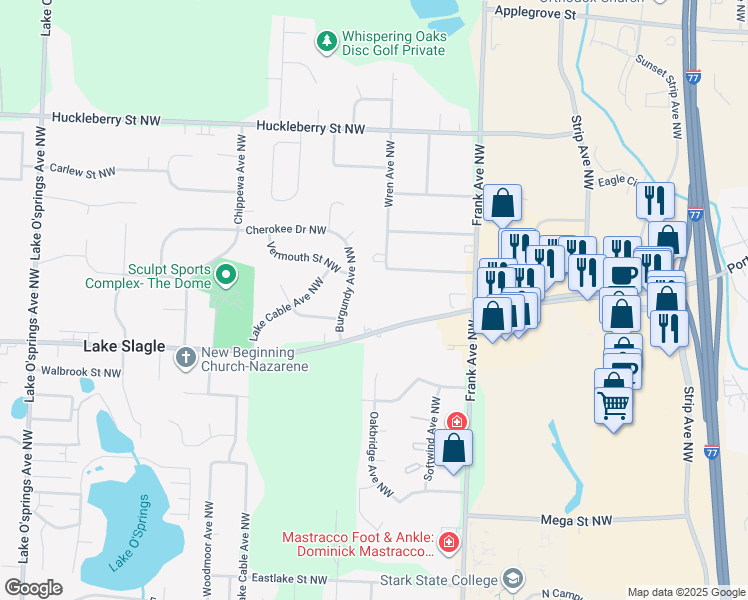map of restaurants, bars, coffee shops, grocery stores, and more near 5231 Portage Street Northwest in North Canton