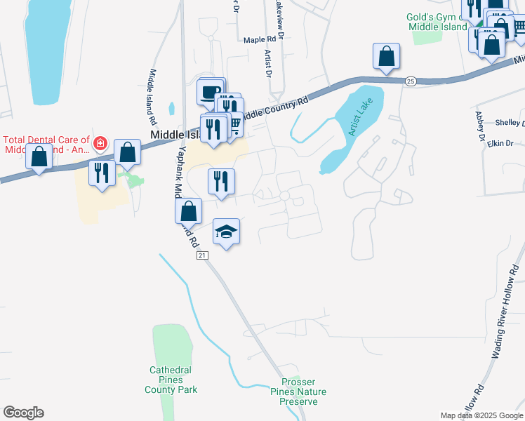 map of restaurants, bars, coffee shops, grocery stores, and more near 294 Artist Lake Drive in Middle Island