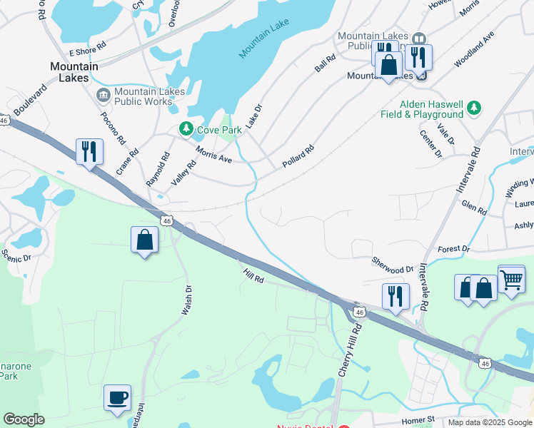 map of restaurants, bars, coffee shops, grocery stores, and more near 8 Bridle Court in Mountain Lakes