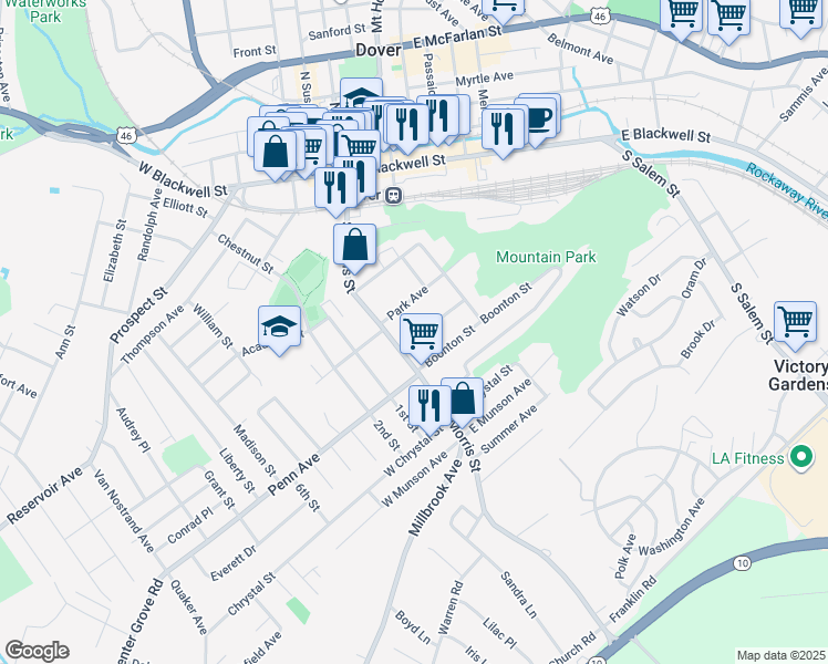 map of restaurants, bars, coffee shops, grocery stores, and more near 18 New Street in Dover