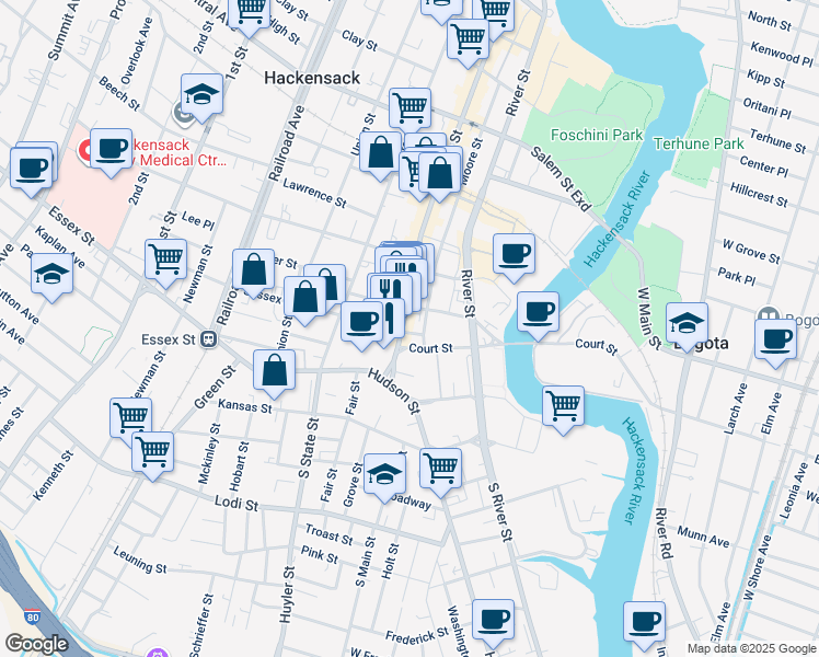 map of restaurants, bars, coffee shops, grocery stores, and more near 41 Main Street in Hackensack