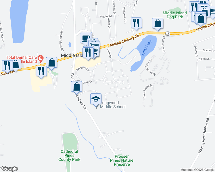map of restaurants, bars, coffee shops, grocery stores, and more near 296 Artist Lake Drive in Middle Island