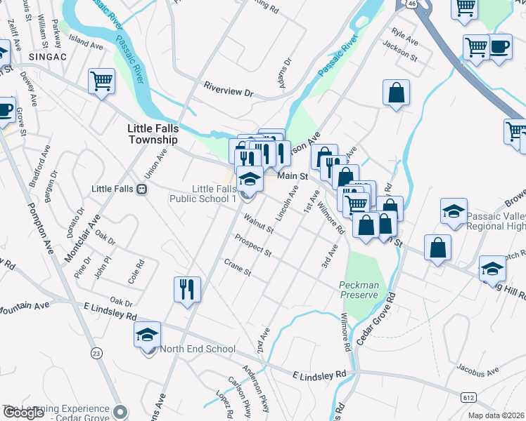 map of restaurants, bars, coffee shops, grocery stores, and more near 16 Ridge Avenue in Little Falls