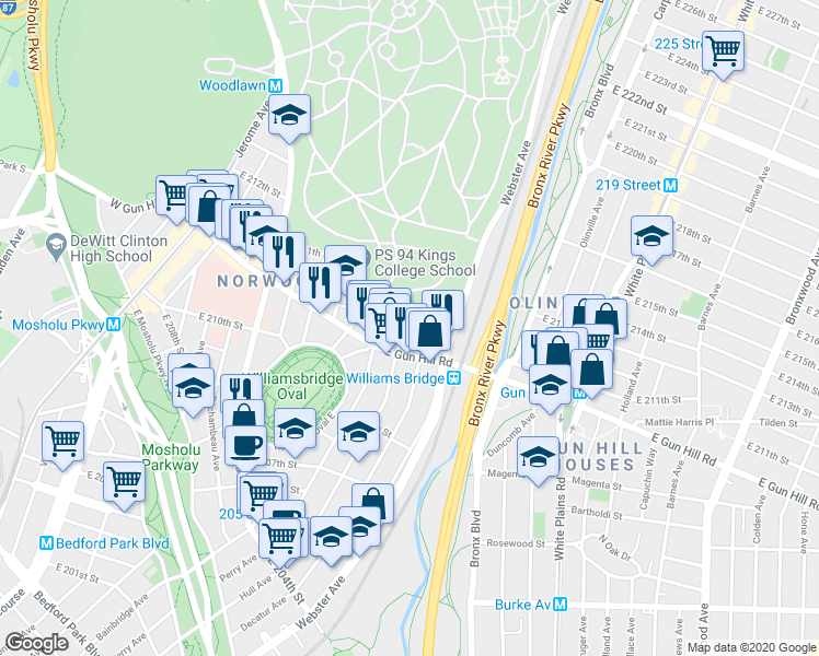 map of restaurants, bars, coffee shops, grocery stores, and more near 3526 Hull Avenue in Bronx