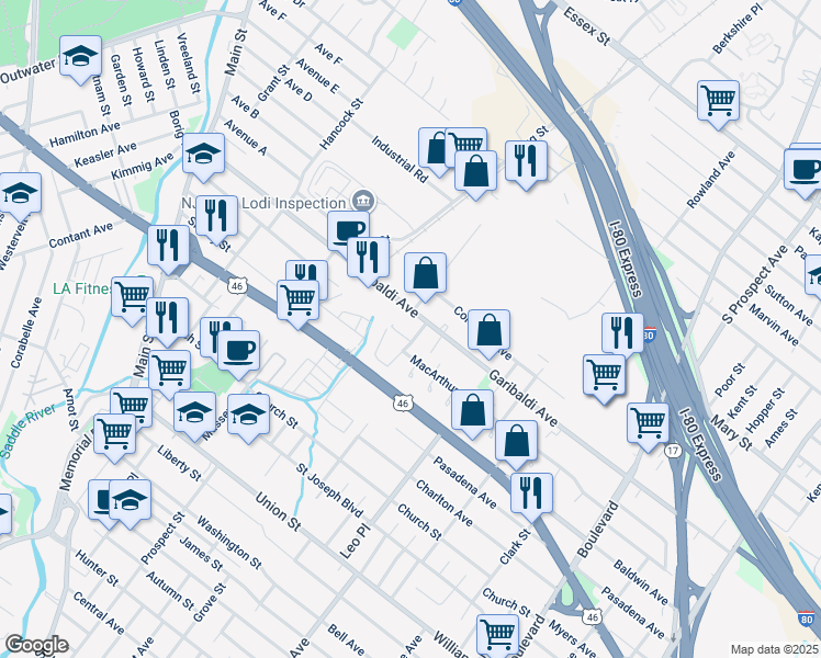 map of restaurants, bars, coffee shops, grocery stores, and more near 250 Garibaldi Avenue in Lodi