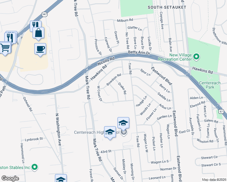 map of restaurants, bars, coffee shops, grocery stores, and more near 5 Kim Court in Centereach