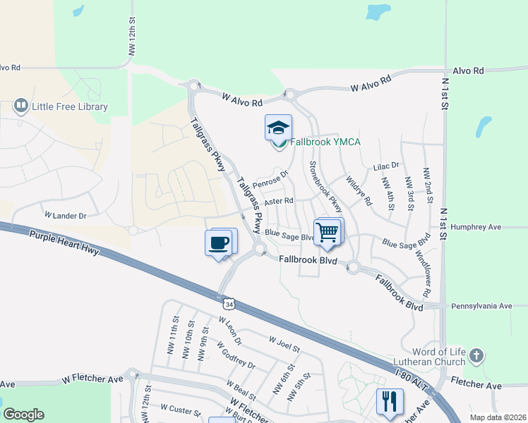map of restaurants, bars, coffee shops, grocery stores, and more near 6727 Northwest 8th Street in Lincoln
