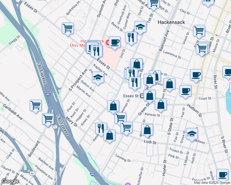 map of restaurants, bars, coffee shops, grocery stores, and more near 50 Polifly Road in Hackensack