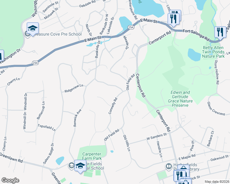 map of restaurants, bars, coffee shops, grocery stores, and more near 7 Connelly Road in Huntington