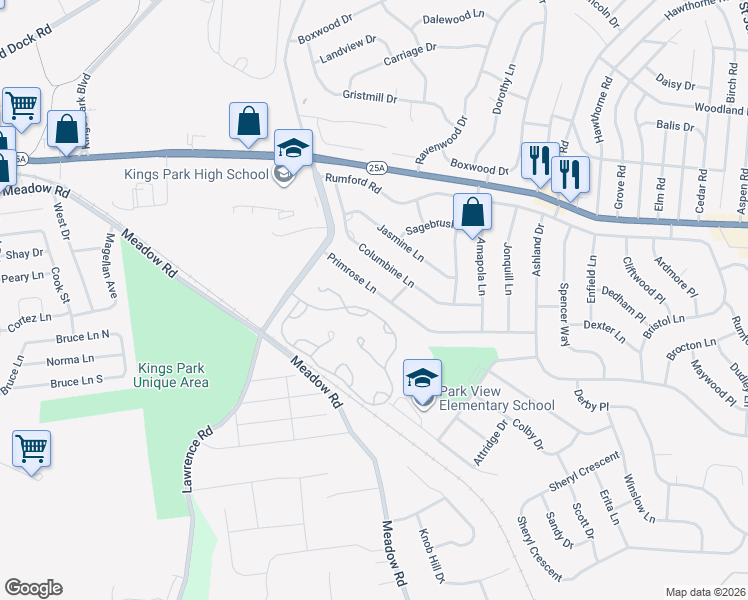 map of restaurants, bars, coffee shops, grocery stores, and more near 52 Primrose Lane in Kings Park