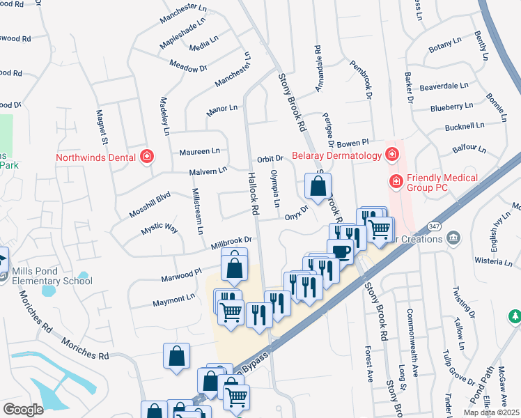 map of restaurants, bars, coffee shops, grocery stores, and more near 241 Hallock Road in Stony Brook