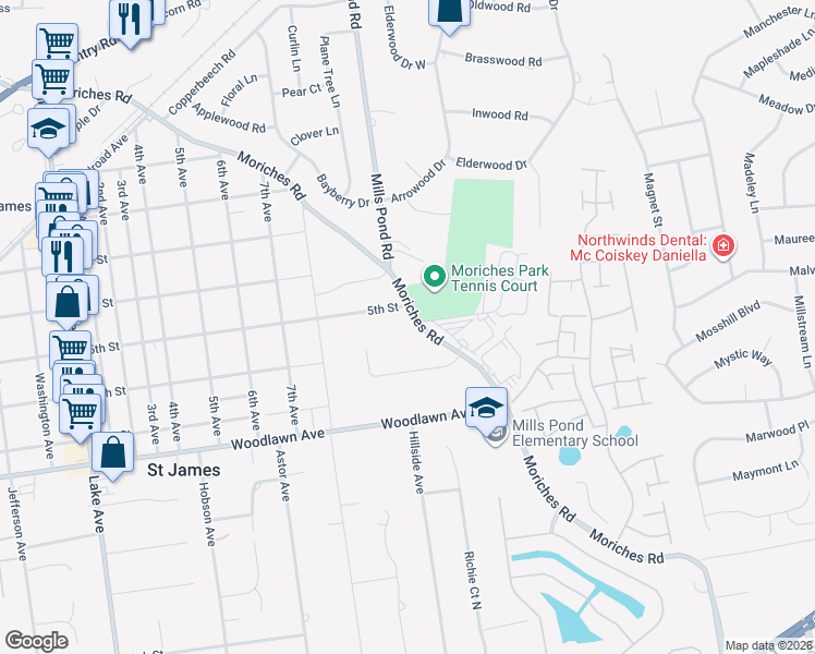 map of restaurants, bars, coffee shops, grocery stores, and more near 280 Moriches Road in Saint James
