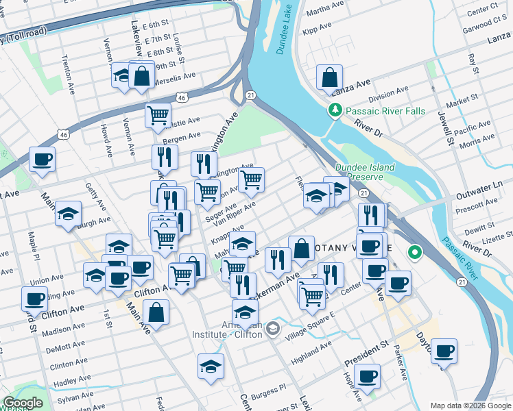 map of restaurants, bars, coffee shops, grocery stores, and more near 109 Van Riper Avenue in Clifton