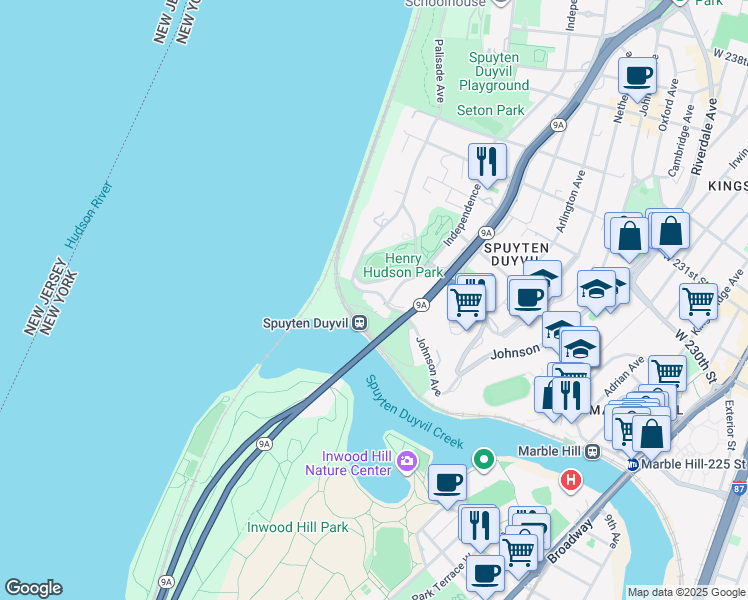 map of restaurants, bars, coffee shops, grocery stores, and more near 2465 Palisade Avenue in Bronx