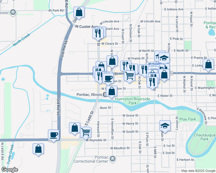 map of restaurants, bars, coffee shops, grocery stores, and more near 721 West Washington Street in Pontiac